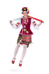 Wall Mural - beautiful jumping girl in ukrainian polish national traditional costume clothes happy smile, full length portrait isolated