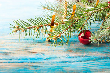 Canvas Print - Red Christmas decorations and fir