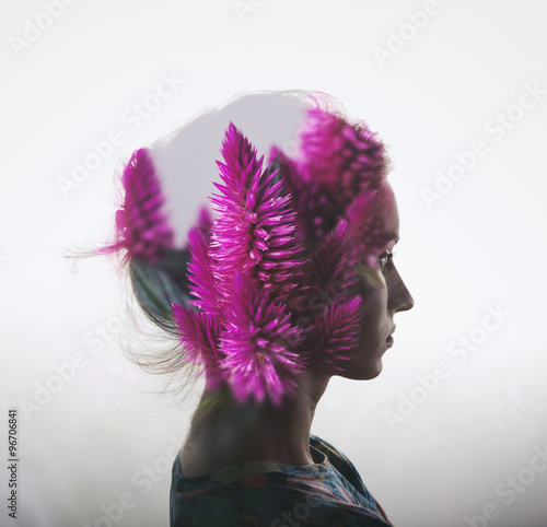 Fotografie, Obraz Creative double exposure with portrait of young girl and flowers