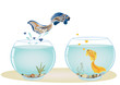 Fish in love jumping to other aquarium to his beloved. Romantic feeling concept. Vector.