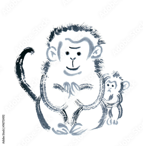 猿の墨絵 水墨画 023 猿の親子 Stock イラスト Adobe Stock