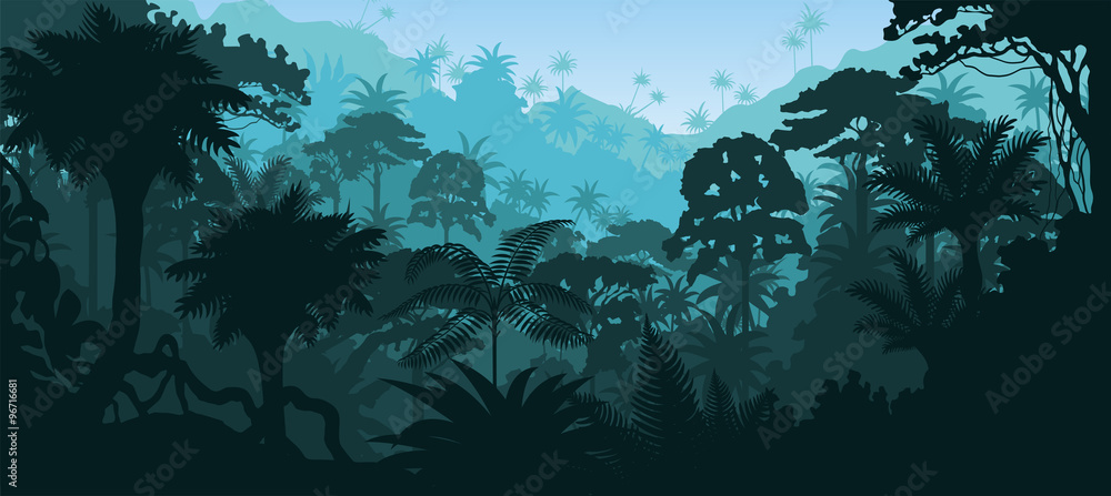 Vector horizontal tropical rainforest Jungle background - obrazy, fototapety, plakaty 