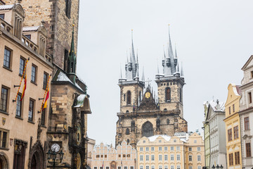 Wall Mural - View of Prague main buildings with snow covered rooftops.