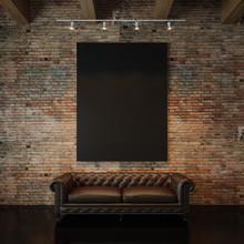 Photo Of Black Empty Canvas On The Natural Brick Wall Background And Vintage Classic Sofa. 3d Render