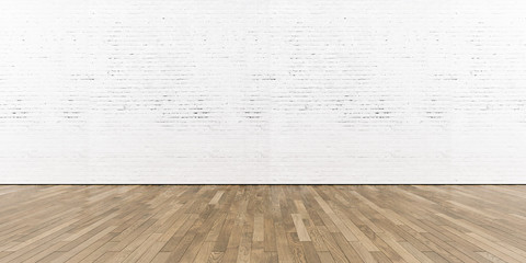 Blank part of white painted brick wall with wooden floor. 3d render