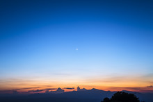 Twilight Sky With The Crescent Moon In Winter At The North Of Thailand