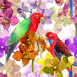 Exotic floral pattern - parrot bird, blooming orchid flowers