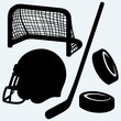 Hockey icon. stick, puck, hockey gates and helmet. Isolated on blue background. Vector silhouettes
