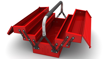 Red tool box on a white surface