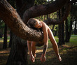 Naked woman lying on a tree branch