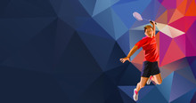 Polygonal Professional Badminton Player On Colorful Low Poly Background Doing Smash Shot With Space For Flyer, Poster, Web, Leaflet, Magazine. Vector Illustration