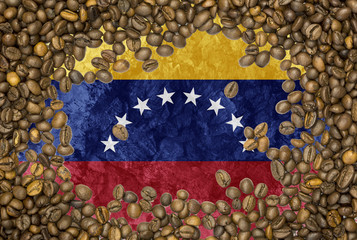 Flag of Venezuela under a roasted coffee beans background texture