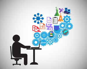 Software Developer or freelancer is Coding, This also represents a business analyst gathering requirements, tester testing code, engineer providing application support, vector illustration, icon set