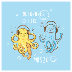  Children's vector card with the octopuses listening to music in earphones.