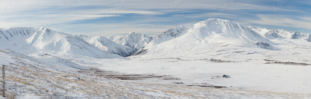 Beautiful winter landscape, Altai mountains Russia. - obrazy, fototapety, plakaty 