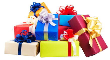 Piles of gift boxes wrapped in colorful paper, ribbon, bow ,Isolated on white. for anniversary, new year, birth day