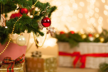 Closeup of Christmas ball from Christmas tree. Background of de-