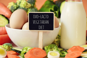 eggs, milk, vegetables and text ovo-lacto vegetarian diet