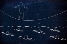 Man Walking On Tightrope Over A Sea Full Of Sharks