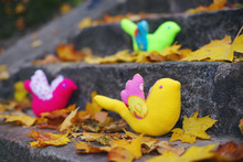 Handmade Textile Sewed Birds With Autumn Leaves