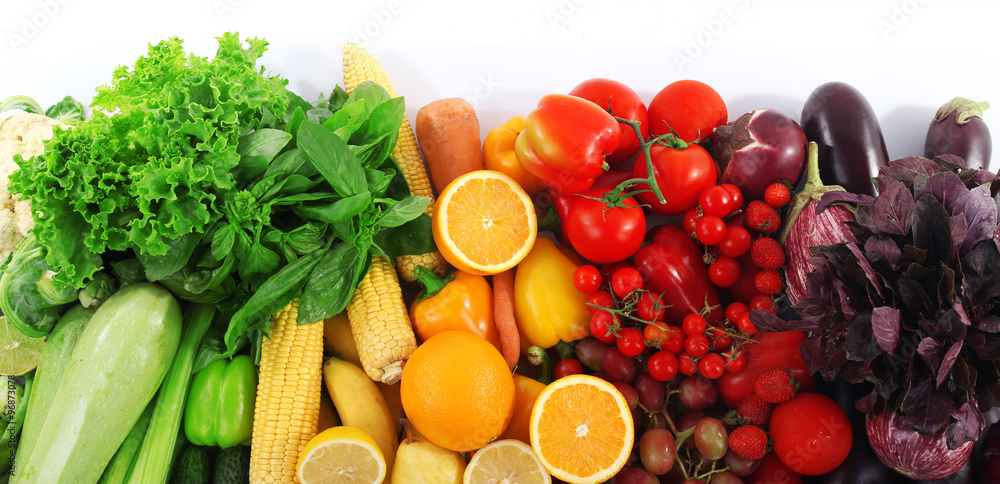 Fresh fruits and vegetables isolated on white