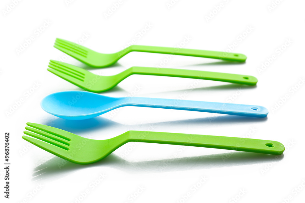 Disposable colourful forks and spoon, isolated on white, Individuality concept