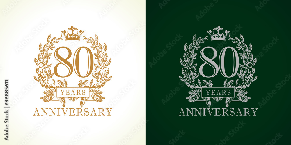 80 anniversary luxury logo. Template logo 80th royal anniversary with a frame in the form of laurel branches and the number eighty.  - obrazy, fototapety, plakaty 