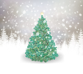 Wall Mural - vector christmas tree on snowy background.