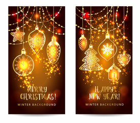 Christmass toys on dark background. Holiday banners set.