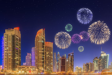 Wall Mural - Beautiful fireworks in Dubai marina. UAE