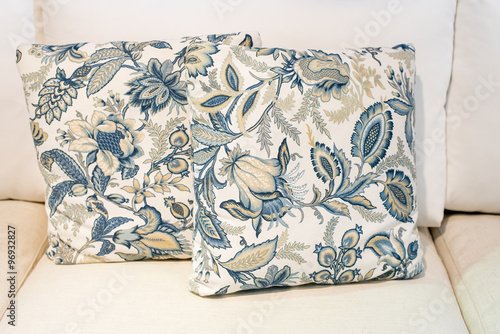 Blue Floral Pattern Pillow On White Sofa Buy This Stock Photo