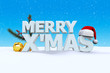 Merry X Mas font on white snow and blue background with Santaclaus hat, small bell, and pine branches, 3d render