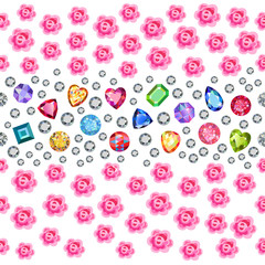 Wall Mural - Seamless scattered gems, rhinestones, pearls & roses isolated on