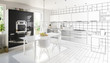 Entwurf einer  klassischen Wohnküche mit moderner Innenausstattung - 3D Visualisierung