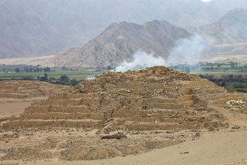 Pyramid of the most prominent archaeological site, Caral, Peru