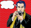 Vintage Pop Art Man with photo camera and with speech bubble.Party invitation. Man from comics.Playboy.Dandy. Gentleman club. Paparazzi man. Fashion journalist. Photographer. Tourist with camera. 