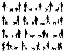 Black Silhouettes Of People With Dog, Vector