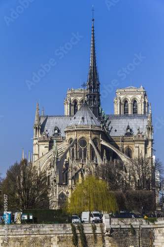 Plakat Widok na Notre Dame nad rzeką w Paryżu