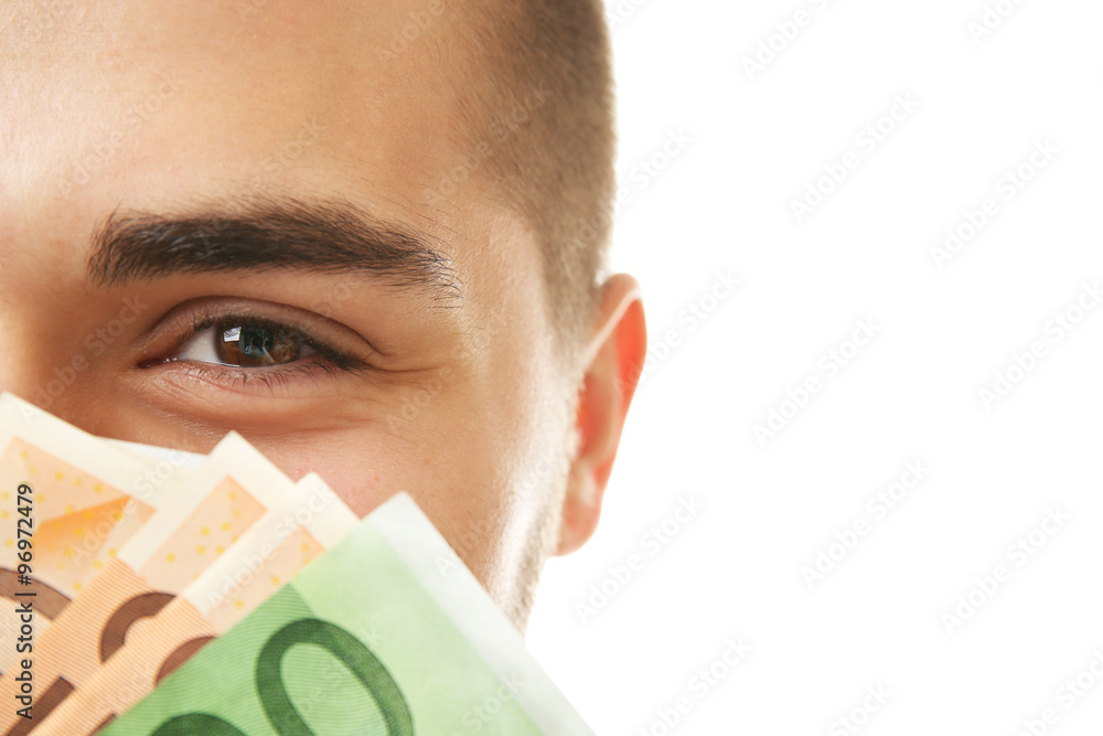 Man holding money isolated on white, closeup