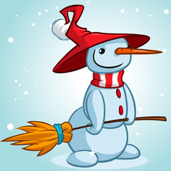 Wall Mural - Christmass snowman with hat and striped scarf holding broomstick  isolated on snowy background. Vector illustration