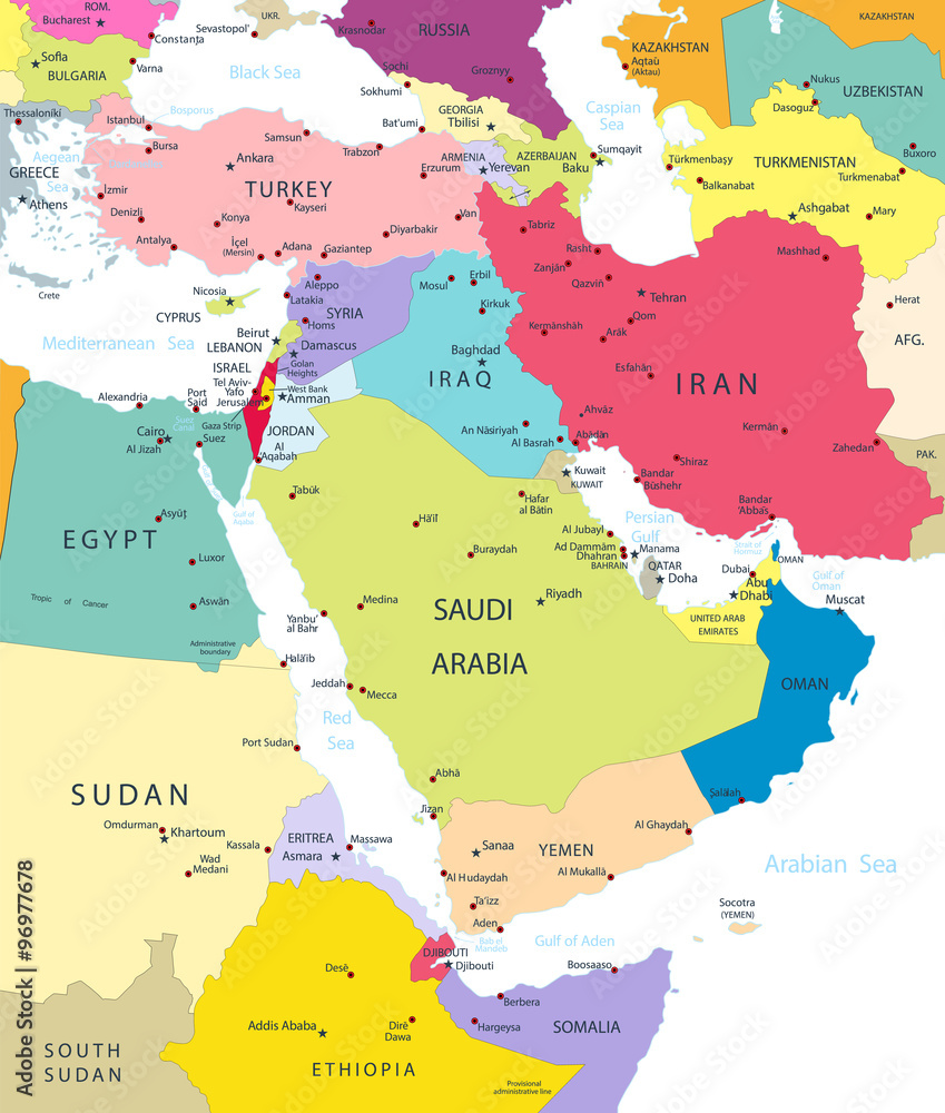 Political Map of the Middle East And Asia Isolated On White Stock ...