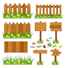 Wooden Fence Set With Grass And Flowers