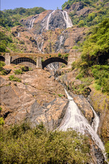 Falling water of the bottom of falls, Dudhsagar falls in the tropical jungle of India