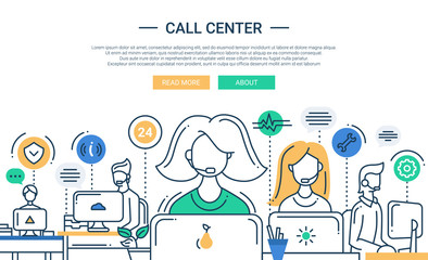 Wall Mural - Illustration of modern line flat design composition, infographics elements with call center support team and its workplace. Header, banner for your website