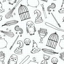 Different Witch Equipment. Seamless Pattern
