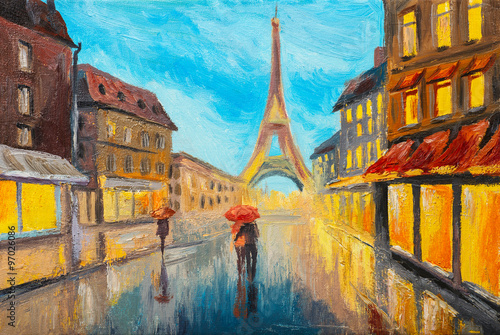 Naklejka - mata magnetyczna na lodówkę Oil painting of Eiffel tower, France