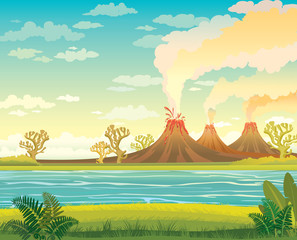 Sticker - Prehistoric landscape with lake and volcanoes.