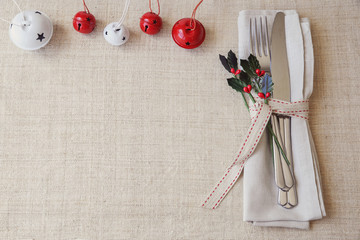 Wall Mural - Christmas table place setting, holidays copy space background,selective focus, vintage tone