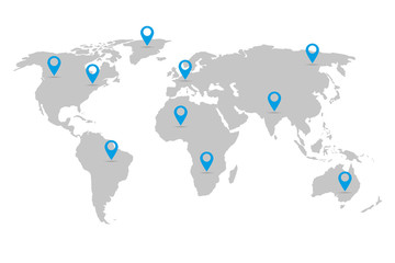 Poster - World map in grey on a white background with markers