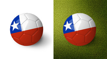 3d realistic soccer ball with the flag of Chile on it isolated on white background and on green soccer field. See whole set for other countries.